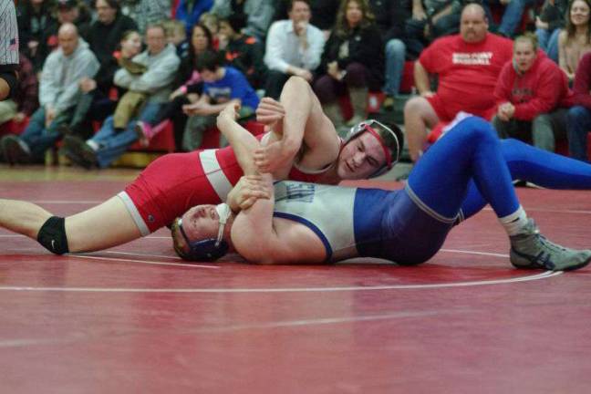 Kittatinny HP wrestling High Point's Kevin Lewis and Kittatinny's Luke DeGroat grab each other in the 195 lb category. Lewis pinned DeGroat in 2:31.