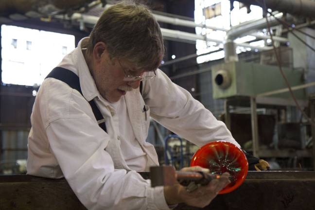 Glass-blowing demos at Gillinder factory Guest artist Al Hough at work (Photo by Hillary Gillinder)
