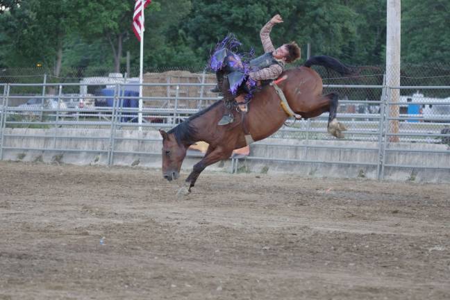 Sixteen year old Daylon Swearinger of Rochester, N.Y. during the bronco riding contest.