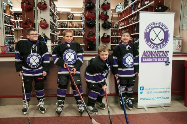 PHOTO BY MARK CRANSTON Monarchs Joey Vaspory, Alex Hamblen, Alex Anson and Luke Butler are all suited up for the Thanksgiving weekend tournament in Stockholm. Butler, Hamblen and Vaspory are all from West Milford; Anson is from Highland Lakes.