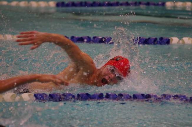 Area schools take part in swim meet A Newton-Lenape Valley swimmer on the move in the pool.