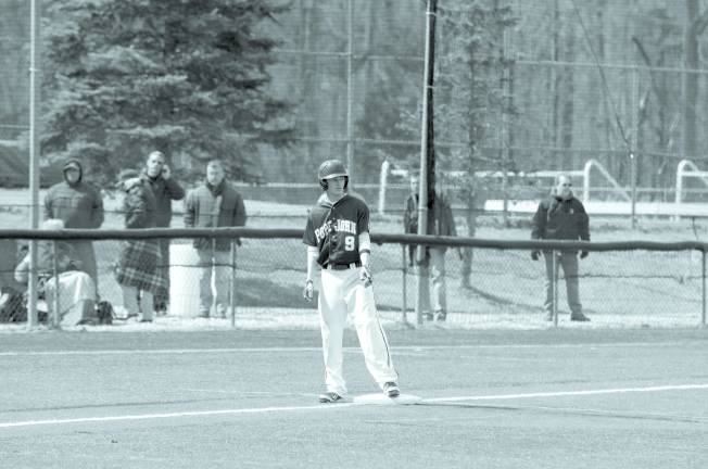 Pope John's Kyle Malejko on third base. Malejko was 3-for-3 with three runs scored. Pope John XXIII High School beat Northern Valley Regional High School (Demarest, N.J.) in boys varsity baseball on Saturday, April 5, 2014. The final score was 6-1. The game was played at Pope John XXIII High School in Sparta Township, New Jersey.