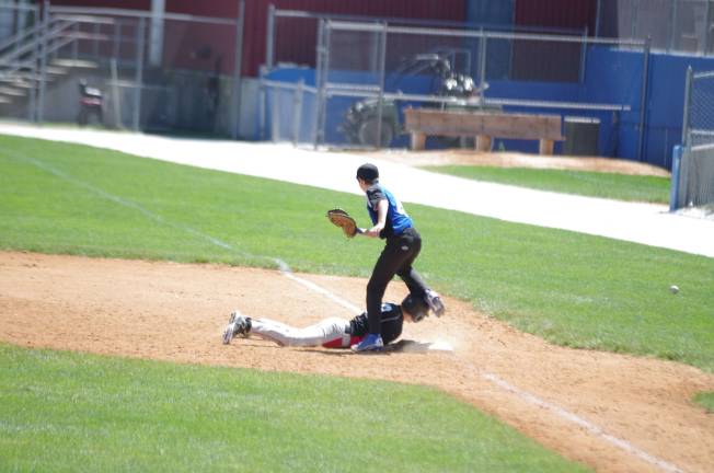 An error is made at first base during the Sussex-Wantage versus Kittatinny Cougars game.