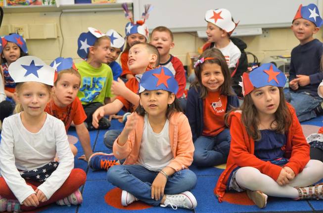 Walnut Ridge Kindergartners practice for the Patriotic Sing Along.