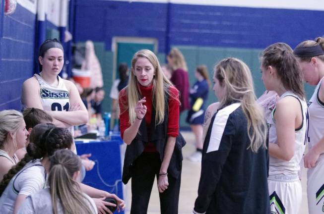 SCCC basketball defeats Camden Kaitlyn Gaffney (center) is the Head Coach of the Sussex County Community College women's Basketball Program. Gaffney is seen here talking to her players during a timeout.