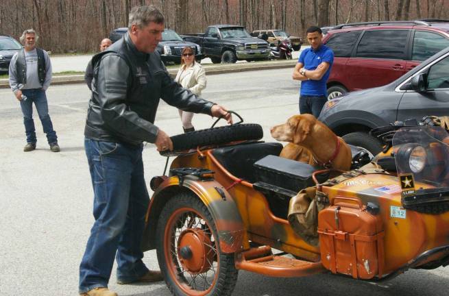 Mister Cisco, a 10-year old Hungarian Vizsla, came in the sidecar with his owner Bill Johanns of Highland Lakes riding a 2006 Ural Russian military motorcycle.
