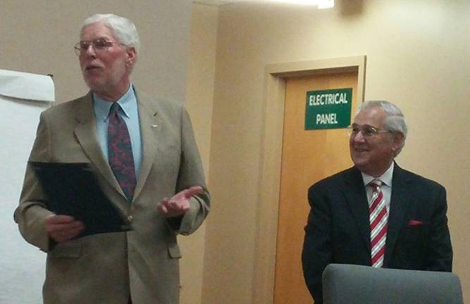 Vernon Township School District Board of Education member John McGowan speaks after being presented with a proclamation honoring for his service from Vernon Township President Patrick Rizutto on Monday, May 11.