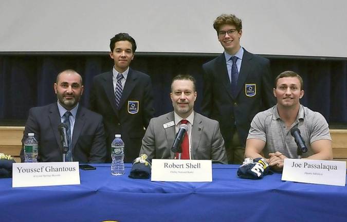 From left in front, Youssef Ghantous, food and beverage manager and hospitality expert at Crystal Springs Resort, Robert Shell, a branch manager and finance expert at Valley National Bank and Joe Passalaqua, an entrepreneur/ business &amp; franchise owner of various Sparta Athletic. In back, from left, students Sebastian Grau and David DeGeeter.