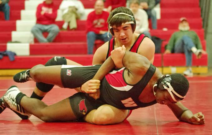 High Point's Grayson Sabo grabs the arm of Westwood's Kedar Jackson in the 182 lbs match.