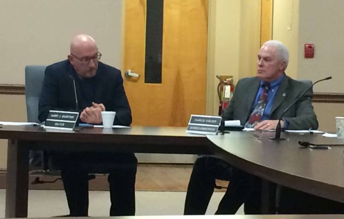 PHOTO BY DIANA GOOVAERTSVernon Township Mayor Harry Shortway (left) sits next to business Administrator Charles Voelker.