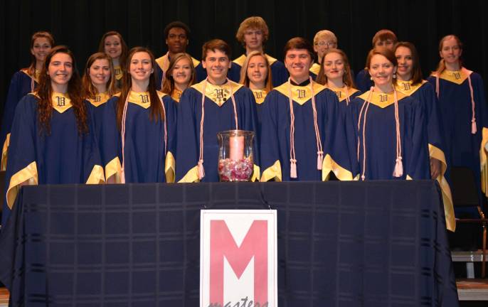 VTHS musicians inducted into Tri-M honor society Members of the Vernon Township High School Chapter of Tri-M Music Honor Society welcomed new inductees recently. Pictured in front row are the officers, from left, Kathleen Owens (Secretary), Hannah Lowery (Historian), Ethan Kimball (President), Alexander Gaura (Treasurer), and Victoria Meneses (Vice President).