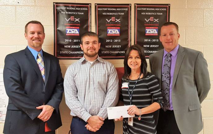 From left, Principal Jonathan Tallamy, Matt Garrera, Jackie Espinoza, &amp; STEM Supervisor Brian Drelick.