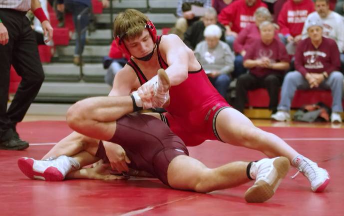 High Point's Brian Soldano wrestles Phillipsburg's T.J. Abode in the 160 pound match. Soldano pinned Abode for the win.