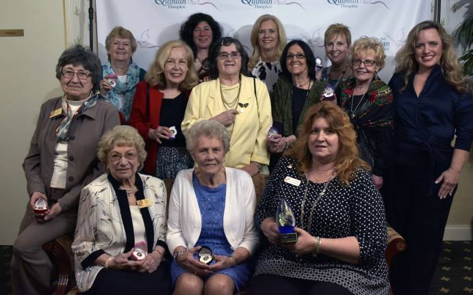 From left, Friends of Hospice, volunteers committed to raising funds and awareness for Karen Ann Quinlan Hospice &#xfe;&#xc4;&#xec; Heart of Hospice Award &#xfe;&#xc4;&#xec;front row: Bea Smith, Treasurer, Jeanette Klemm, Vice President, Lisa O&#xfe;&#xc4;&#xf4;Hara, President; 2nd row: Gail Burkes, Secretary, June Roberts, Mary Finnegan, Judy Archibald, Janet McGee, Jennifer Smith; 3rd row: Gay VanEtten, Jodi Butler, Nancy Gallo and Selina Sheerin.