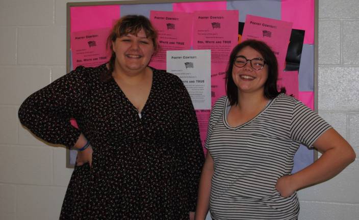 Poets from Vernon Township High School recently competed for first place in the Back Porch Review Poetry Contest. Seniors Zoe Heath (l) and Julia Mastanduno (r) tied for first place. Their poems, along with those of nearly 50 other students and 50 artists, will appear in the Back Porch Review Literary Magazine due out in early June.