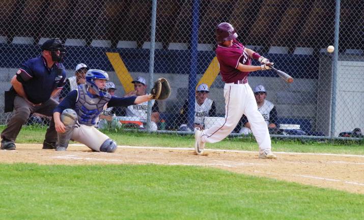 In the second inning Newton batter Billy Carson hits the ball. Carson went 2 out of 4 resulting in one RBI and he scored two runs. Newton High School (Newton, N.J.) defeated Vernon Township High School in boys varsity baseball on Friday, May 19, 2017. The final score was 19-3. The game took place at Vernon Township High School in Glenwood, New Jersey.