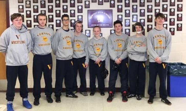 Vernon wrestlers at the junior varsity tournament were: from left, Shane Saulnier, Luke Negrin, Jake Booker, Sage DiGuiseppe, Skye Ivancich, Pedro Rodriguez, Ryan Flaherty and Pat Schmidt. Sage won 1st, Shane and Ryan placed 4th.