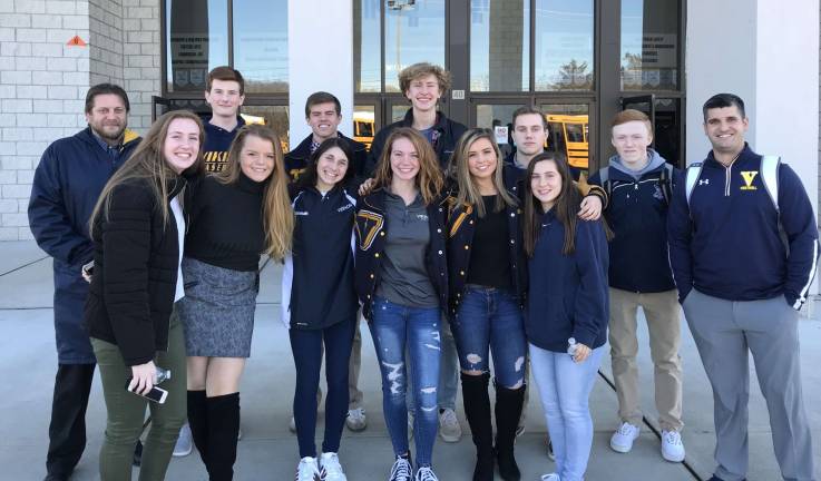 Twelve student-athletes from VTHS were selected by their respective coaches to represent Vernon at the annual NJAC Sportsmanship Summit at Sussex Tech. From left to right: Coach Jones, Kaitlyn Buurman, Jacob Buurman, Juliette Ross, Ryan Lally, Hannah Kolonoski, Catherine McCabe, Cody Williams, Haley Minter, Collin Andriola, Alicia Mihalko, Cole Brennan and Coach Down.