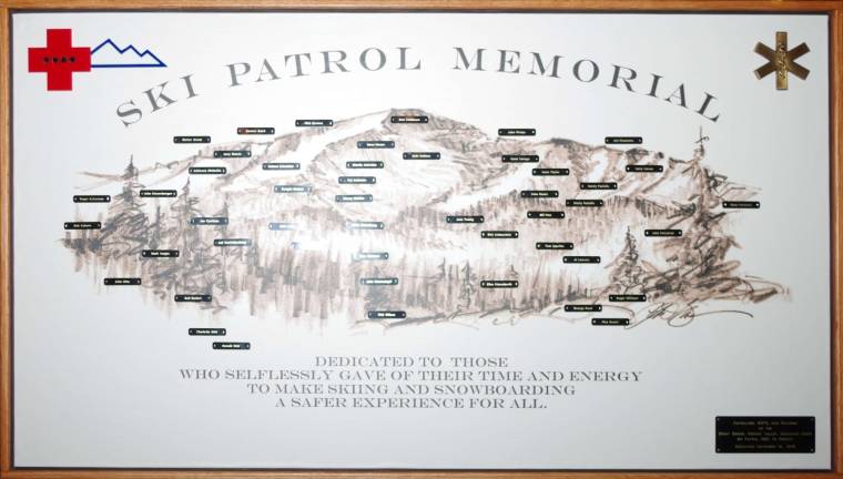 Mountain Creek ski patrol has 50th anniversary celebration A detailed image of the Ski Patrol Memorial Plaque unveiled Saturday evening at Mountain Creek.