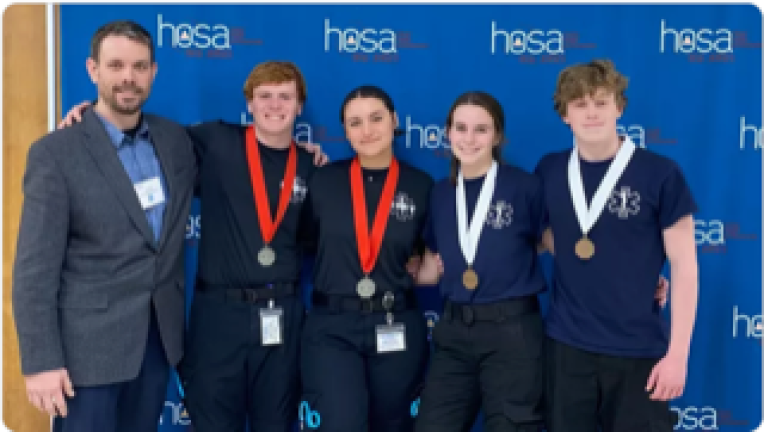 From left are teacher Matthew Bergh and Vernon Township High School students Daniel Lovett, Marissa Ajamian, Sophie Van Den Broek and Avery Crafton. (Photo provided)