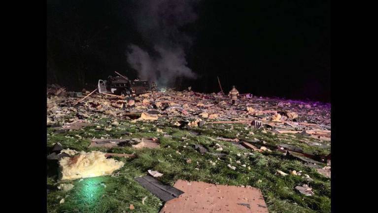 Explosion demolishes Hardyston home; blast heard and felt miles away Photo courtesy of Ryan Keena An explosion completely demolished a home at 33 Grumm Road in Hardyston Tuesday night.
