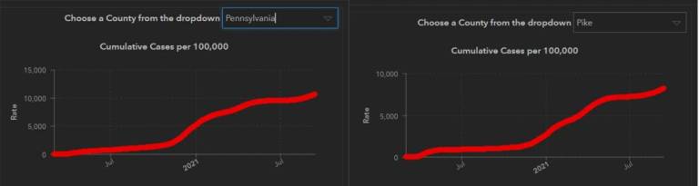 These graphs from the Pennsylvania Department of health on Sept. 15 show the curve of Pike County cases (right) going up more sharply than cases statewide (left).