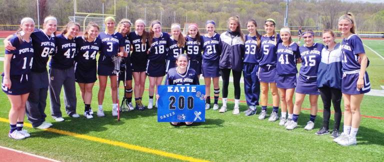 Pope John goal keeper Katie Callahan made five saves in the game including the 200th save of her career.