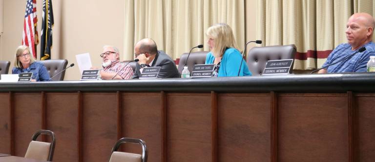 PHOTOS BY MARK LICHTENWALNER The Vernon Township Council discusses sidewalks on Aug. 13.