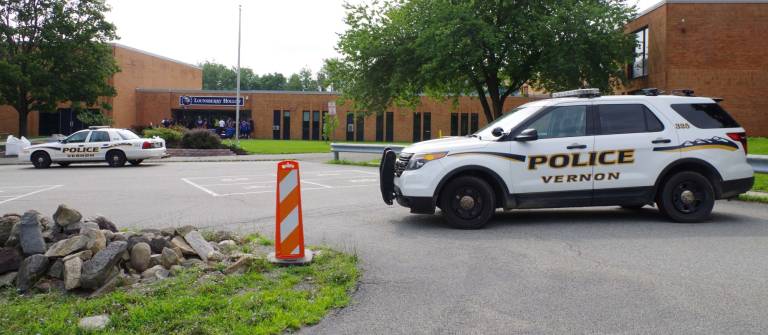 The staging area was at the main entrance to Lounsberry Hollow Middle School.