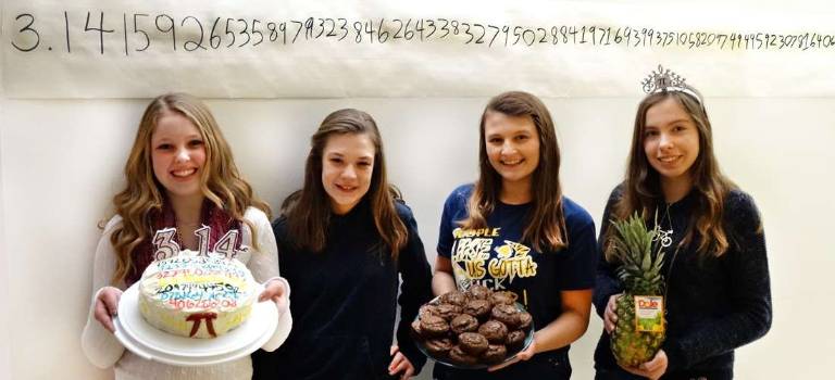 Glen Meadow celebrates Pi Day Photo Courtesy of Julie Muehe Students left to right: Emilee Hamler, Kathleen Smaldone, Aleksandra Dombrowski, Kaitlyn Robins