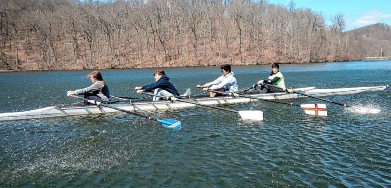 Rowing team prepares for nationals Training on Monksville Reservoir on Easter Weekend are, from left, Lizzie Nedeiraurer, Maximo Frezza, Noah Mathews and Gavin Quigley. (Photos courtesy of Advanced Community Rowing Association)