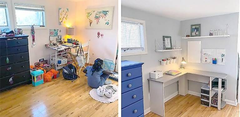 ‘We each have a message in our mess’: Super-organizer Angèle Tanyeri is here to help Desk, before and after (Photos provided by Angèle Tanyeri)