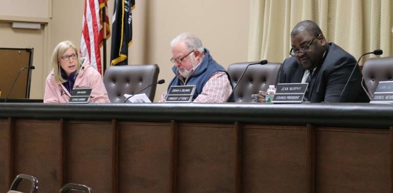 PHOTO BY MARK LICHTENWALNER Council member Sandra Ooms, left, casts the only &#x201c;no&#x201d; vote on the 2018 municipal budget. Also shown are Council member Dan Kadish and Township Attorney Marlin Townes.