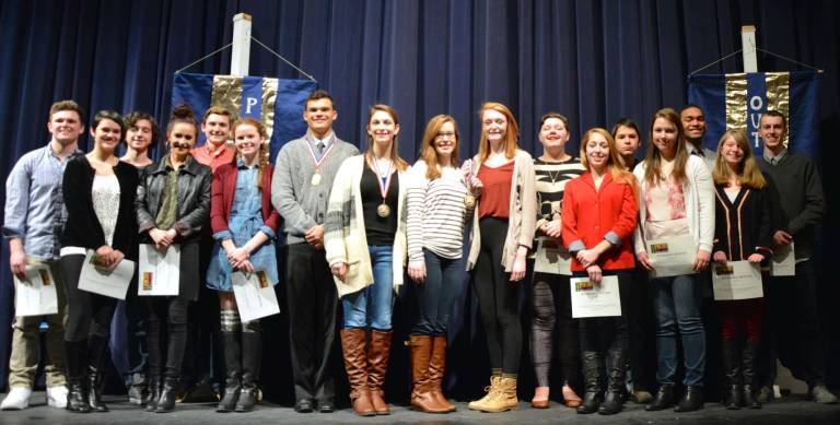 Ninety students at Vernon Township High School memorized poetry and participated in the Sixth Annual Poetry Out Loud Competition. Pictured are the winners with the students who were awarded Honorable Mentions. Center, from left, Ethan Metz (first place), Jessica Dunlop (second place), and Blake Harrsch and Shannon Rogers, tied for third place.