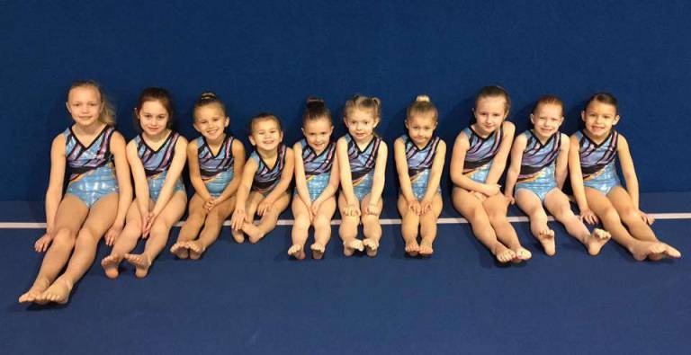 Girls completing their first GAP meet are, from left, Karli Matthews, 9, of Wantage; Adrianna Helewa, 6, of Wantage; CBrielle Cotto, 5 of Sparta; Cooper Cotto, 2 of Sparta; Broghan Lynch, 5, of Wantage; Maddy Guddemi, 5, of Wantage; Ryleigh DAyon, 4, of Branchville; Hannah Potzer, 5, of Sussex; Rilee Cornelius, 4, of Wantage; Arabella Rivera, 5, of Vernon.