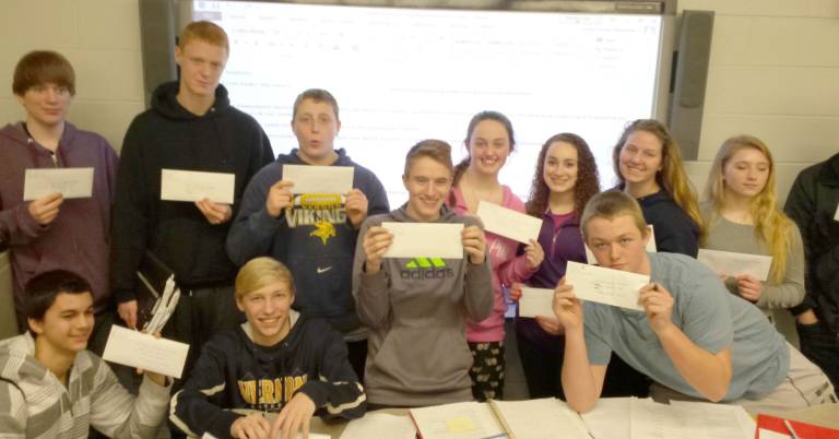 Sophomores at Vernon Township High School proudly show off the letters they wrote to other students all over the country. In front, from left, Chris Russo, Will Verblaauw, Jesse Nelson; standing from left, Gummere, Brian Moran, Tom Ruppel, Nik Polizos, Megan McCann, Breanna Walker, Sarah Dettloff, Leah Budz.