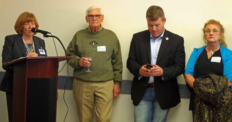 From the left are Zufall President and CEO Eva Turbiner addressing the crowd, Zufall Health board member Paul Nusbaum, Newton Mayor Daniel Flynn, and Newton Deputy Mayor Sandra Lee Diglio.