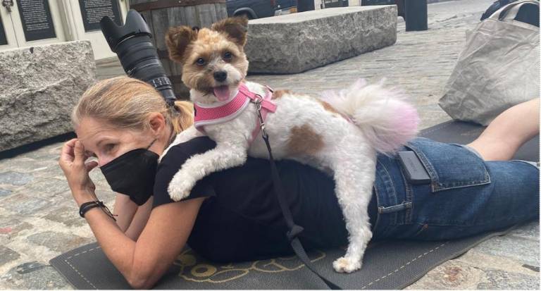 Carmen Gonzalez says that she’ll frequently lie down on a yoga mat while waiting for an opportune moment to photograph cananines around the city and that the dogs will frequently come over and lay down on top of her. Photo: nycpetpawtographer.com