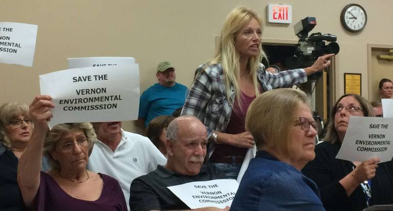 Vernon dismantles Environmental Commission PHOTOS BY DIANA GOOVAERTS Former Environmental Commission chairwoman Beverly Budz speaks from the audience during Monday's council meeting.