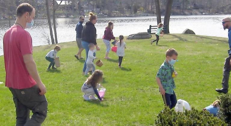 At the signal, participants sprint to locate eggs (Photo by Janet Redyke)