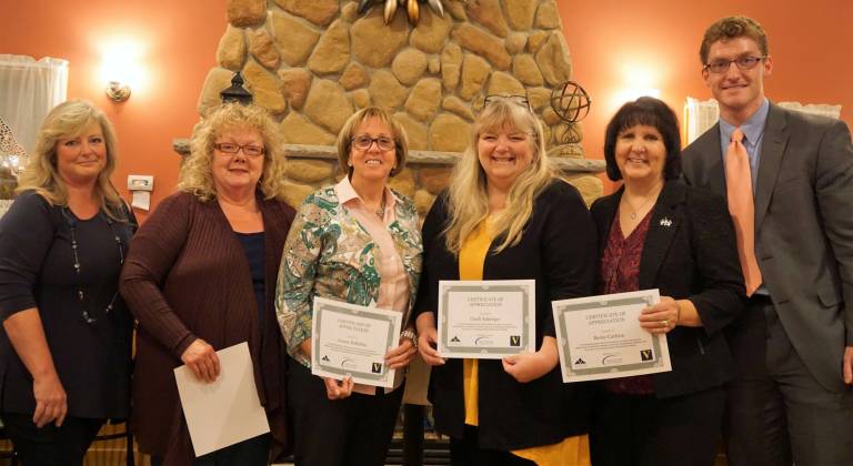 Founding members of the Vernon Coalition are recognized at the appreciation dinner. Attendees are from left to right, Rebecca Dorney, Janet Kubik, Jeanne Buffalino, Cindi Auberger, Becky Carlson, and Conor Brennan.