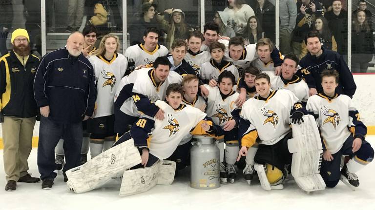The Varsity Ice Hockey Team won the Sussex Cup for the 3rd year in a row by beating High Point/Wallkill Valley 5-0.