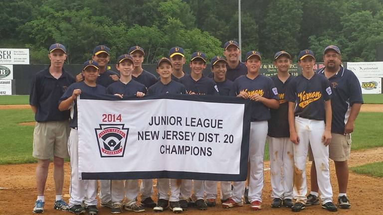 Vernon juniors win District 20 championship The Vernon Junior all-star team is from left in front, George Gutierrez, Adam Driscoll, Ryan Bell, Paul Parigi, Alex Heule, Ryan Ellinger; and back from left, Ethan Metz, Jadon Mutz, JT Franetovich, Max Rodriguez, Justin Lavorini (not pictured) DJ McQuilan and Phil Perrotta. Coaches are John Driscoll, Chris Bell and Bruno Lavorini.