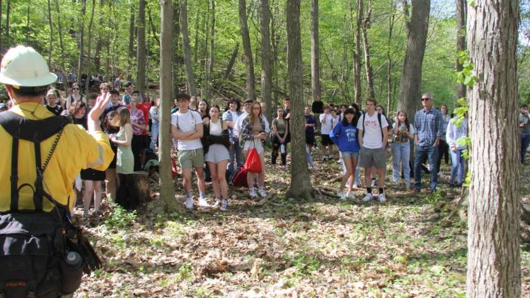 Lighting a fire under science students Nick Valerio of the New Jersey Forest Fire Service speaks to students before the prescribed burn. (Photo courtesy of High Point Regional High School)