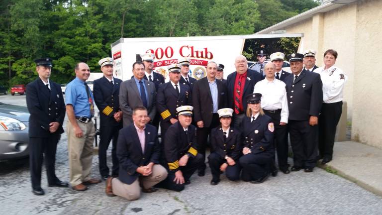 Front Row, left to right, Trustee John Drake, Ex-Chief Eric Danielson, Chief Jessica Casella, FF Debbie Danielson. Back Row, left to right, Jim Holmes, Trustee Glen Vetrano, Ex-Chief Bill Gallagher, Trustee Pat Aramini, Chief Greg Martin, Ex-Chief Dan Crater, Chief Joe Steinwand, 200 Club President Tony Torre, Ex-Chief John Hoag, Trustee Skip Danielson, EMT Bill Keller, Chief Brian Stang, FF Lou Casella, Ex-Chief Rick Melfi and EMT Ex-Chief Debbie Reidmiller.