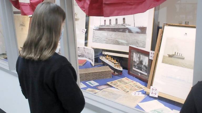 Pope John XXIII Regional High School senior Margaret Wilk views the Vincent M. Love Titanic Exhibition during an honors symposium (Photo by Anthony Spaulding, Director of Communications)