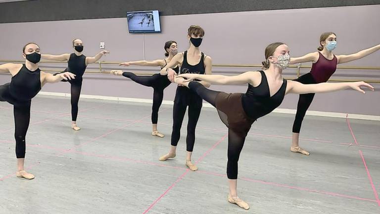 Kit Tamaki with Students of Dance Expression dance arts (from left): Alexa Gutt of Hardyston, Maya Sauer of Vernon, Meghan Mihalik of Lafayette, Ciara Brock of Vernon (student being corrected) and Sierra Trapanese of Sparta (Photo provided)