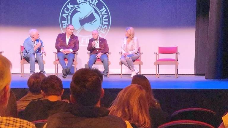 Jerry Weinstock interviewing Anthony, Mattie, and Karen after the festival favorite, My Brother, My Hero Forever (Photo by Marilyn Rosenthal