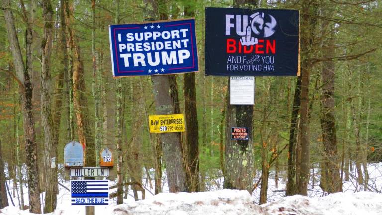 Property owner agrees to take down F-word sign We have distorted the two offending words in the Biden sign (Photo by Pamela Chergotis)