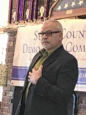 <b>Phil Destefano, a Democrat running for the Sussex County Board of County Commissioners, speaks to the Sussex County Democratic Committee on Sunday, March 23 in Sparta. (Photos by Kathy Shwiff)</b>